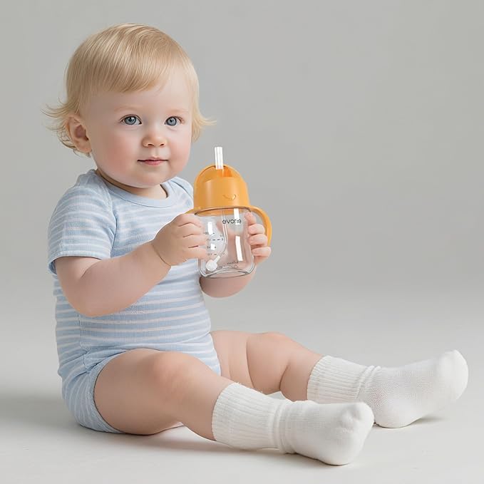 Evorie Tritan Weighted Straw Sippy Cup with Handles for Baby and Toddlers, Spill Proof Baby Water Bottle with Straw for 6 months and up, 7 Oz, Infant Training Water Bottle (Apricot)