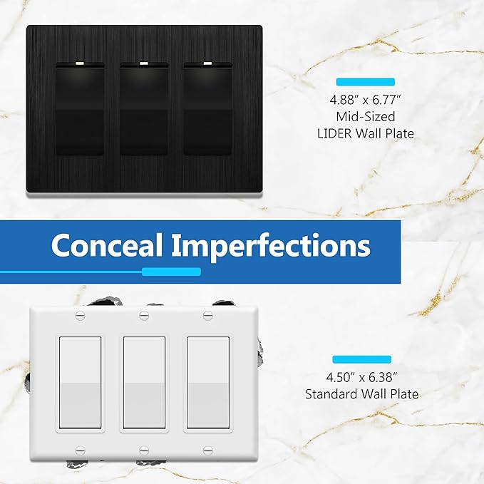 LIDER Brushed Finish Decorator Switch Cover, Screwless Wall Plate, Mid-Size 3-Gang 4.88" x 6.77", Unbreakable Polycarbonate Thermoplastic, UL Listed, LSWP-33M-BBK, Brushed Black