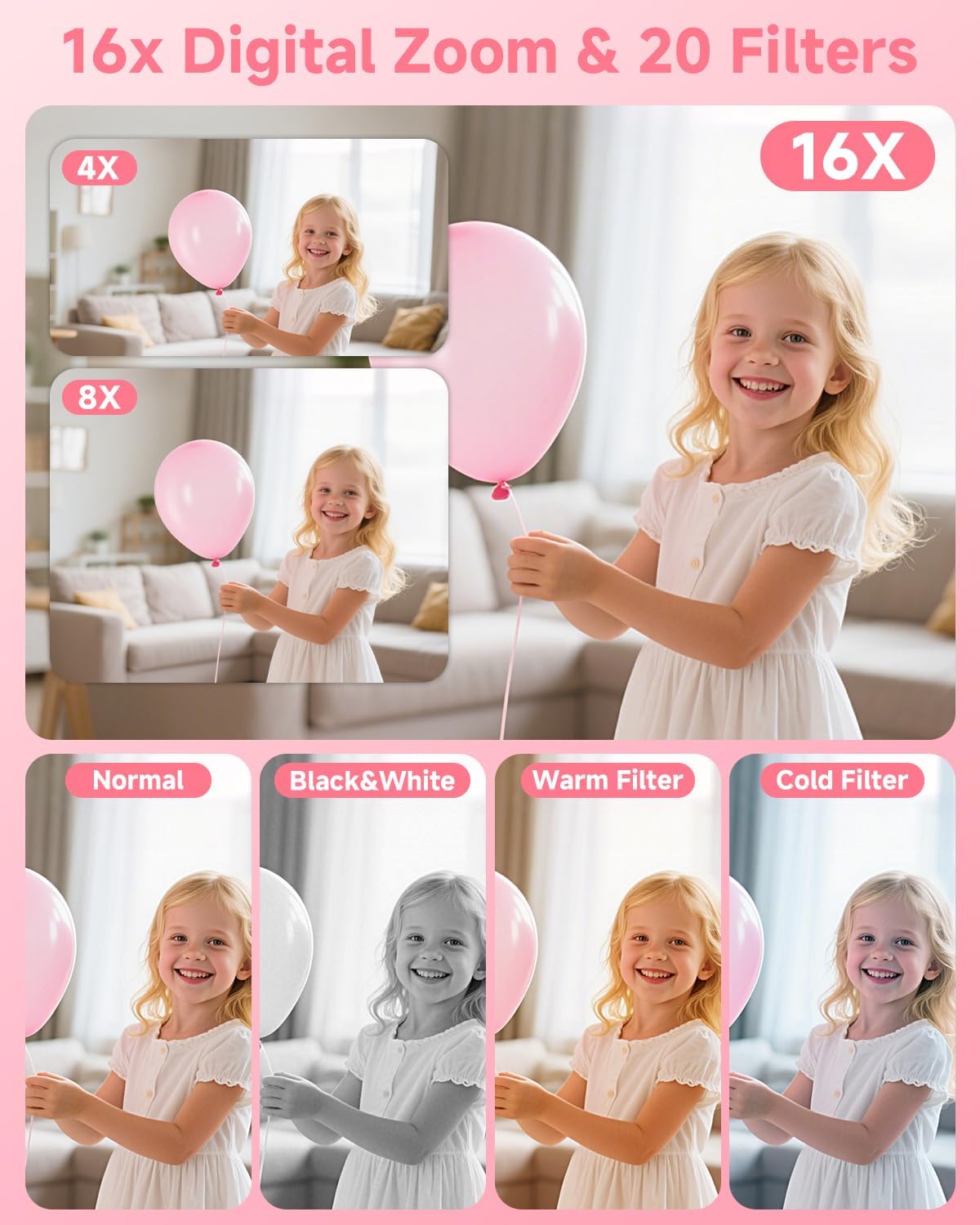 Digital Camera, 44MP FHD 1080P, 16X Zoom, 32GB SD Card, Compact Camera for Kids Teens Adults, Pink