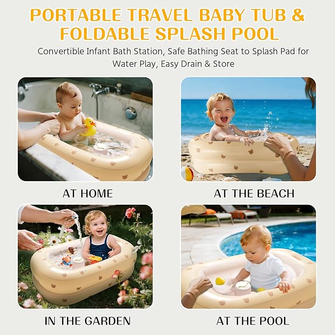 Inflatable Baby Bathtub Built-in Air Pump, Portable Travel Baby Bath Tub, Blow up Toddler Pool Seats for Babies Sitting up, Foldable Bathing Infant Shower Basin for Newborn 3 Months and up (Bear)
