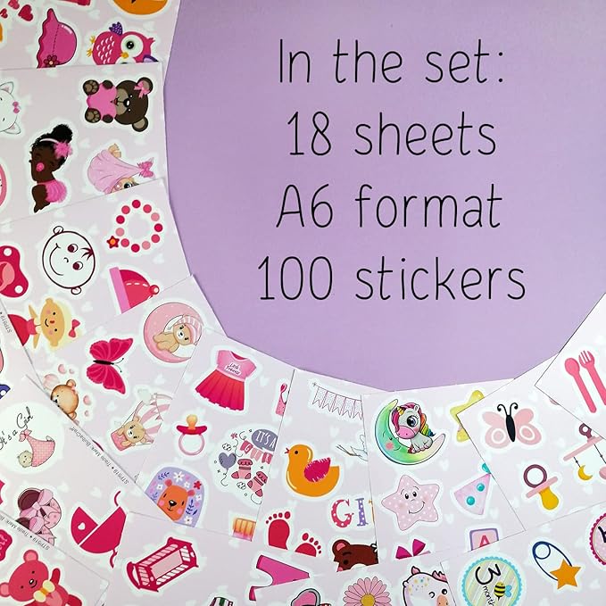 BulbaCraft Baby Girl Stickers, 100Pcs Multicolor Vinyl Decals, Waterproof, Reusable, Multipurpose for Scrapbooking and Party Decor, Newborn, Baby Shower Favors for Girls, Baby Girl Month Stickers