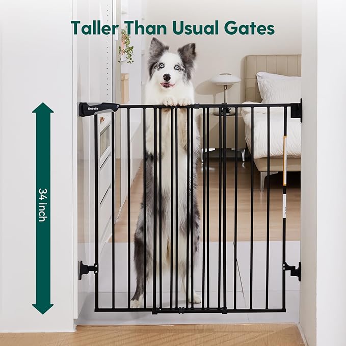 Babelio Baby Gate for Stairs & Doorways, 26-43" W 34" H Extra Tall| No Bottom Bar| Easy Installation| One-handed Operation| Auto-close| Hardware Mount (Drill Needed) Safety Dog/Pet Gate Indoor (Black)