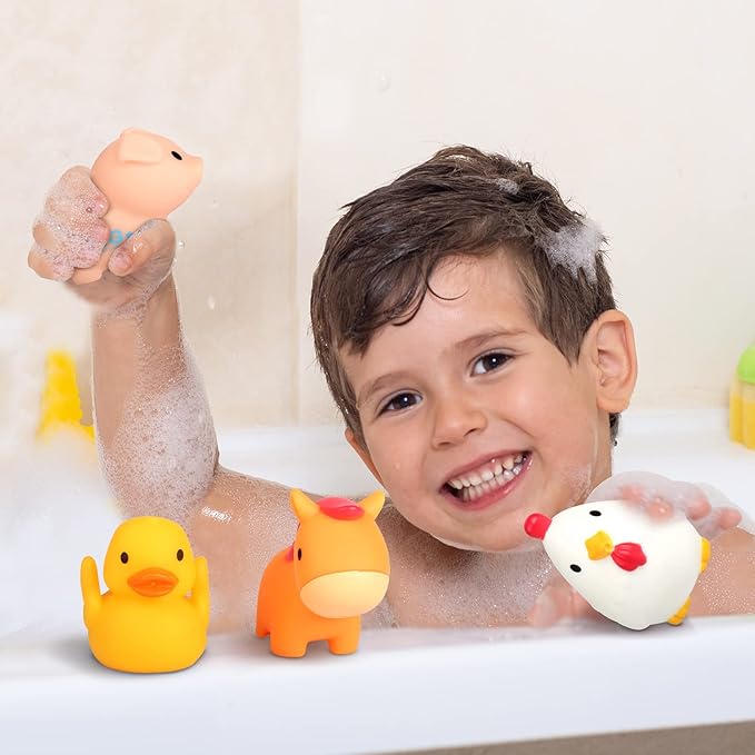 Oriate Farm Tractor Carrier with Cartoon Farm Animals and Playmat, 6 Pack Bath Squirter Silicone Rubber Farm Animal Toys, 47.2” x 31.5” Happy Farm Play mat, Birthday Gifts for Kids