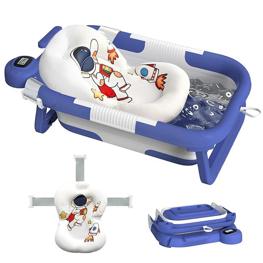 Collapsible Baby Bathtub for Newborn to Toddler (0-24 Months), Portable Baby Bath Tub for Travel, Newborn Bathtub with Soft and Supportive Cushion (Astronaut-Blue)