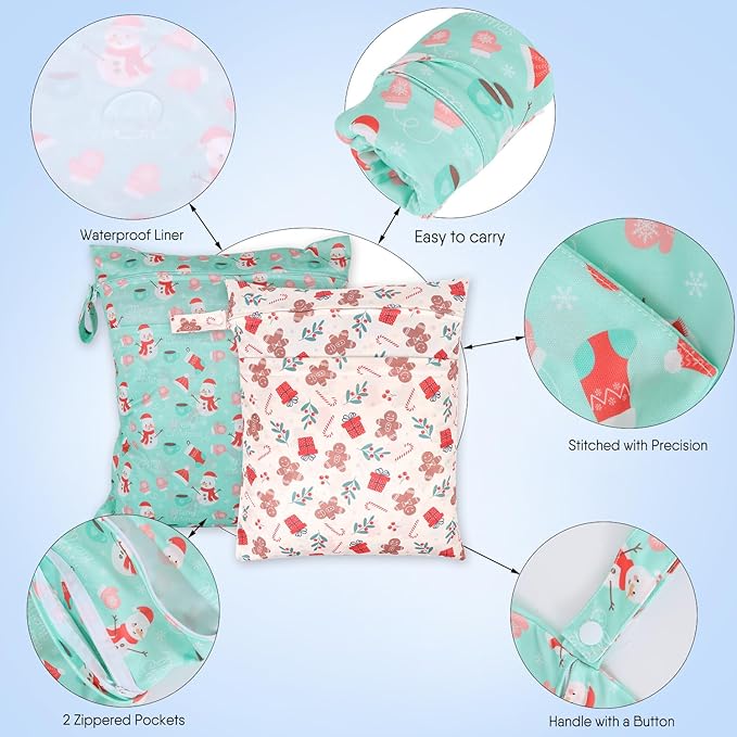 2pcs Travel Waterproof Laundry Bag, Cloth Diaper Wet Dry Bags with Handle & 2 Zipper Pockets, Reusable Washable Dirty Clothes Bag for Baby Adult Travelling Hanging, Bathing Beach Pool Daycare