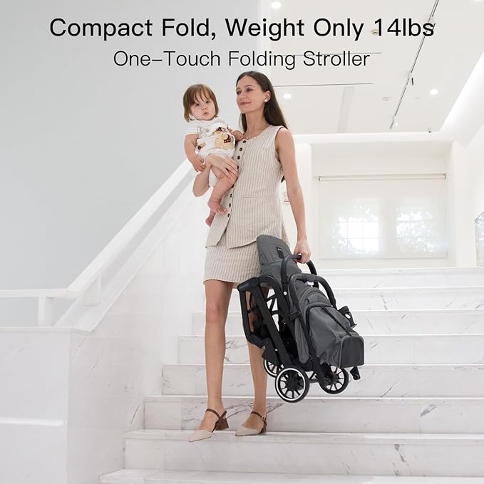 Compact Fold Baby Stroller, Lightweight Travel Toddler Stroller with One-Click Fold, Extendable UPF50+ Canopy, Cup Holder, UV Protected and Waterproof, One-Hand Folding - Gray