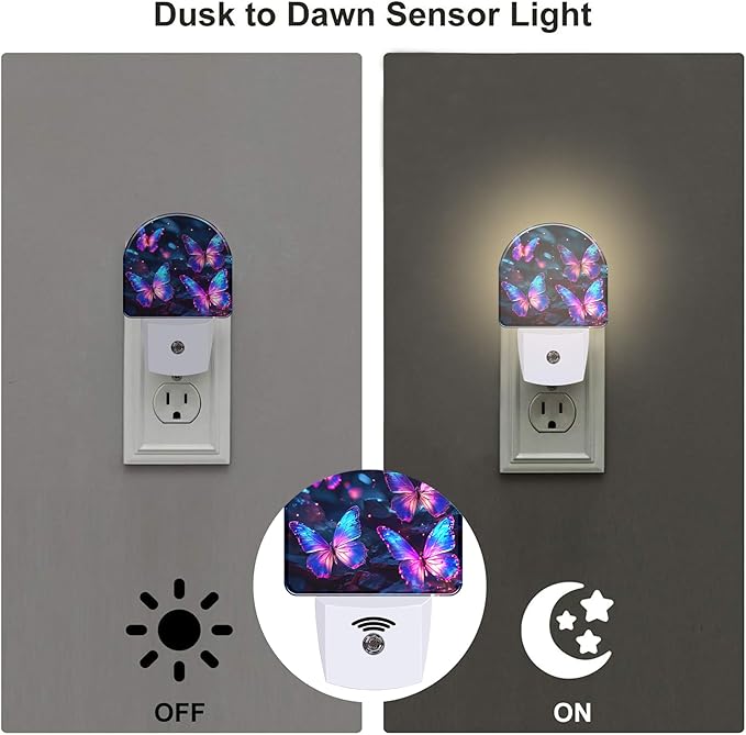 Glowing Purple Butterflies Night Light Plug into Wall, Neon Butterfly Dusk to Dawn Night Light Plug in,0.5w Energy Saving Sleep Friendly NightLight for Kids Boys Girls Home Decor