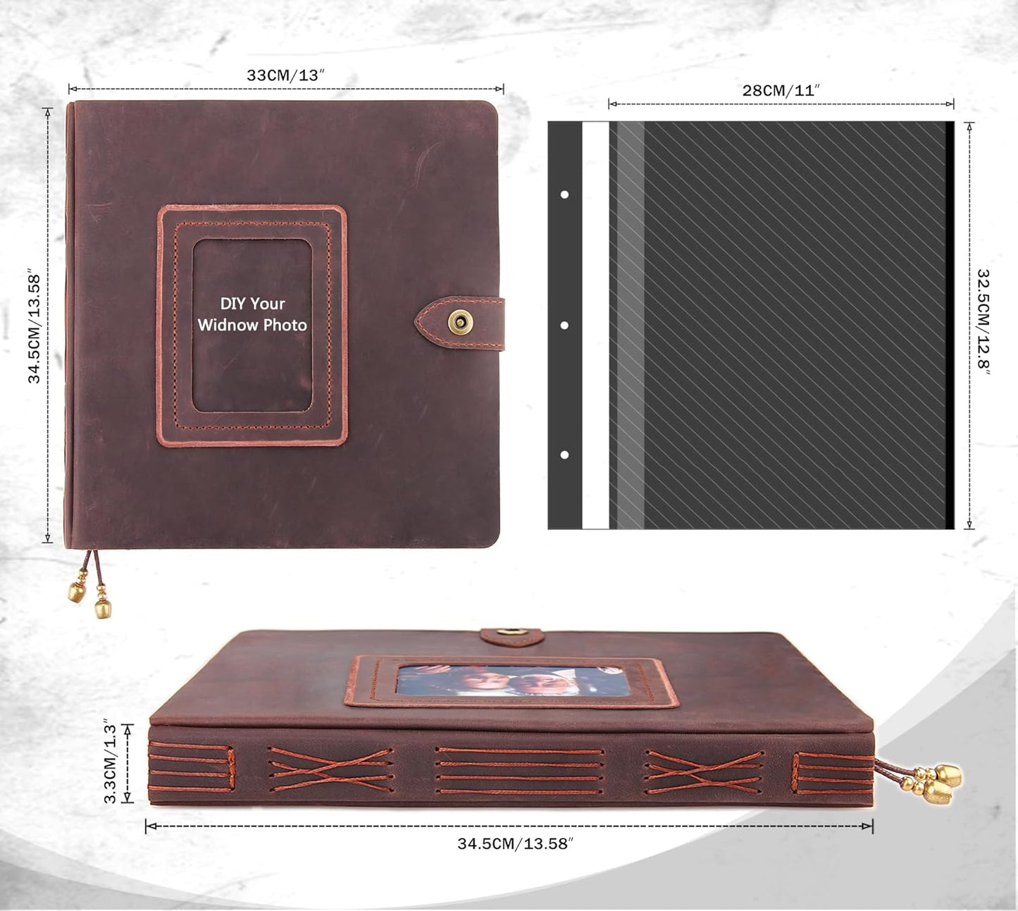 Leather photo Album Self Adhesive Pages, Handamde Leather Scrapbook Photo Album, Wedding Family Album, Holds 3x5, 4x6, 5x7, 6x8, 8x10 Photos - Coffee