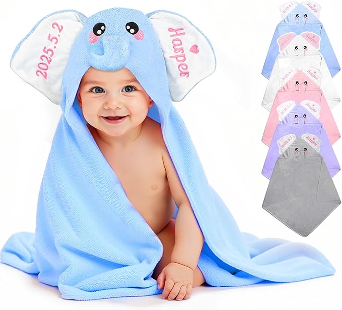 Custom Hooded Bath Towel with Name, Personalized Highly Absorbent Elephant Towels, Baby Bath Towels for Girls Boys, Christmas Brithday for Baby, Toddler, Newborn (Blue)