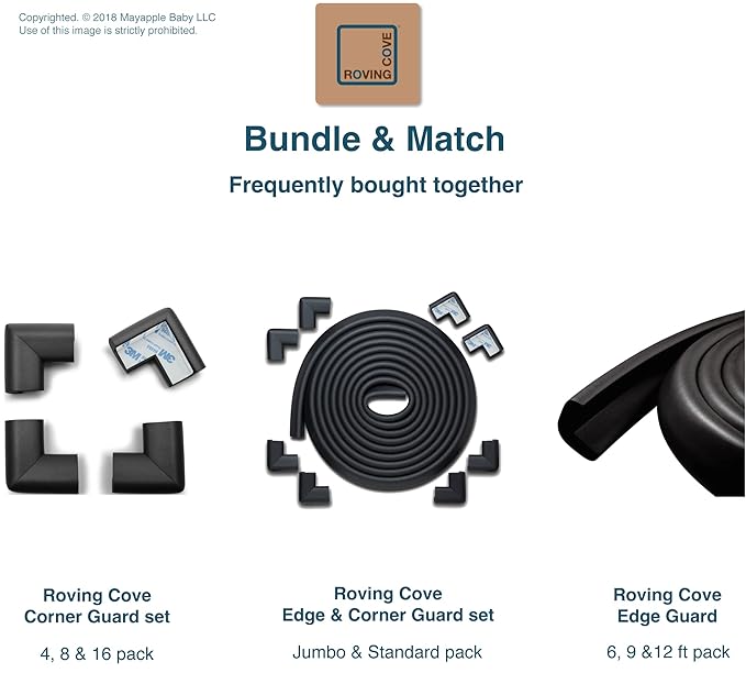 Roving Cove HeftyFit Edge Corner Protector Baby Proofing (Large 18ft Edge 8 Corners), Heavy-Duty, Soft NBR Rubber Foam, Furniture Fireplace Safety Bumper Guard, 3M Adhesive, Onyx Black