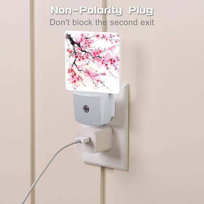 Watercolor Cherry Blossoms Tree Night Light for Kids,Abstract Pink Floral Night Light Plug in with Dusk to Dawn Sensor,0.5w Energy Saving Nightlight for Hallway Stairway Kitchen Bedroom