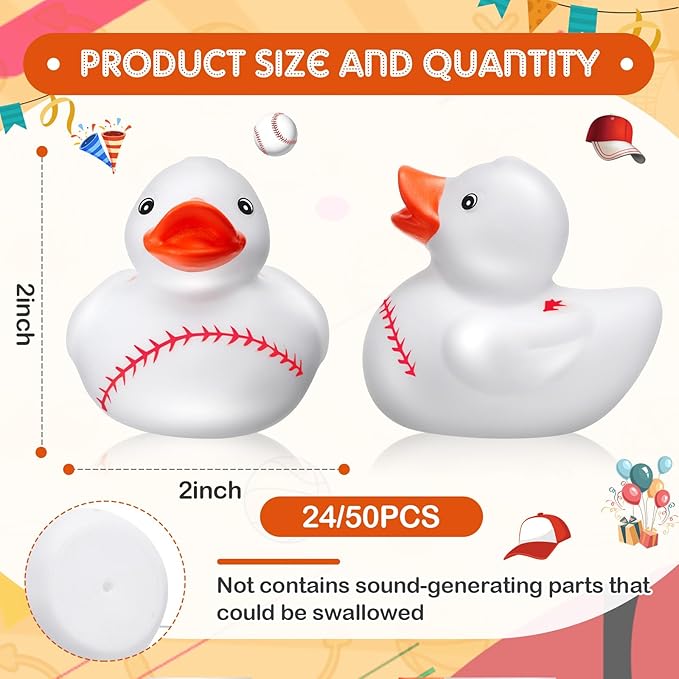 Deekin 50 Pcs Rubber Duck 2 Inch Bulk Sport Party Favors for Birthday Party Decorations Club Player Gift (Baseball)