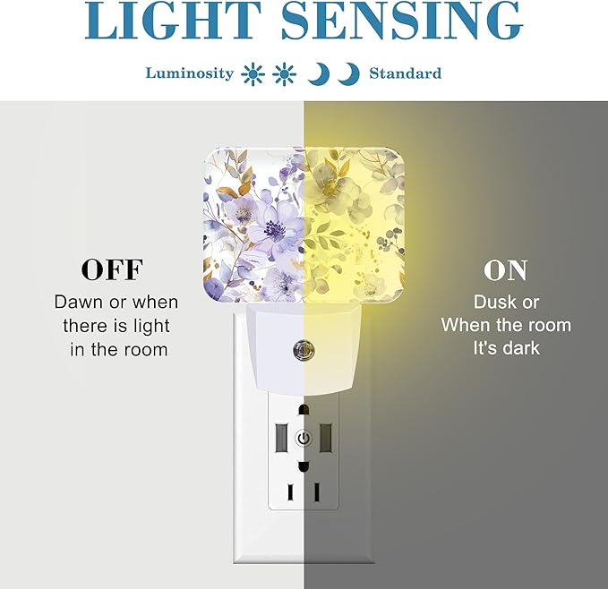 Elegant Purple Flowers Night Light, Watercolor Flowers Nightlight Plug into Wall with Dusk to Dawn Sensor for Kid Girls Boys Women Men Bedroom, Hallway, Kitchen, Bathroom, Stairs Decor