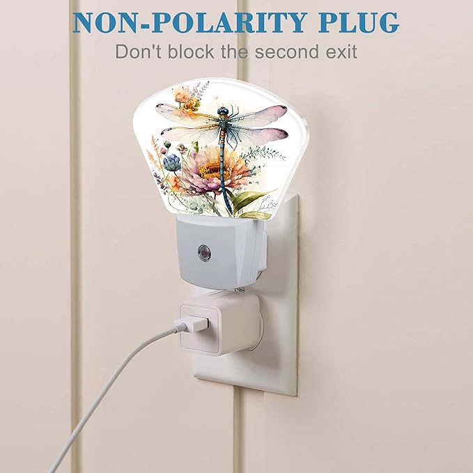 Watercolor Dragonfly Night Light Plug into Wall, Flowers Night Light with Dusk to Dawn Sensor for Kid Girls Boys Women Men Bedroom, Hallway, Kitchen, Bathroom, Stairs Decor