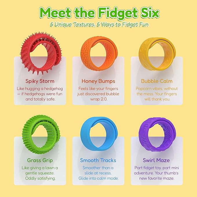 Sensory Fidget Toys Slap Bracelets for Kids, Textured 6 Pack, Stress Fidgets for Anxiety Autism ADHD, Wearable Sensory Toys for Adults Office Desk, Calm Down Travel Airplane Toys