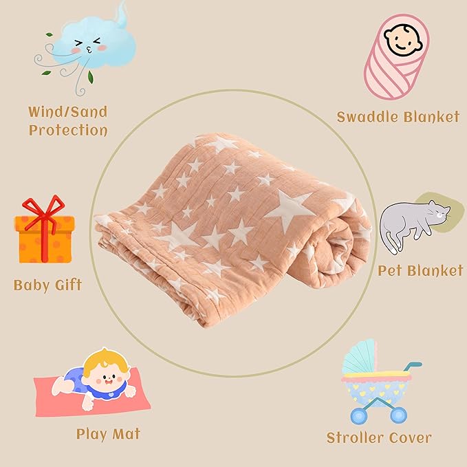 NTBAY 3 Layer Toddler Blanket, Muslin Cotton Jacquard Bed Blankets, Lightweight Thermal Baby Blanket, Super Soft and Warm Crib Blanket for All Seasons, Decoration Gift, 45"x60", Pale Orange Star