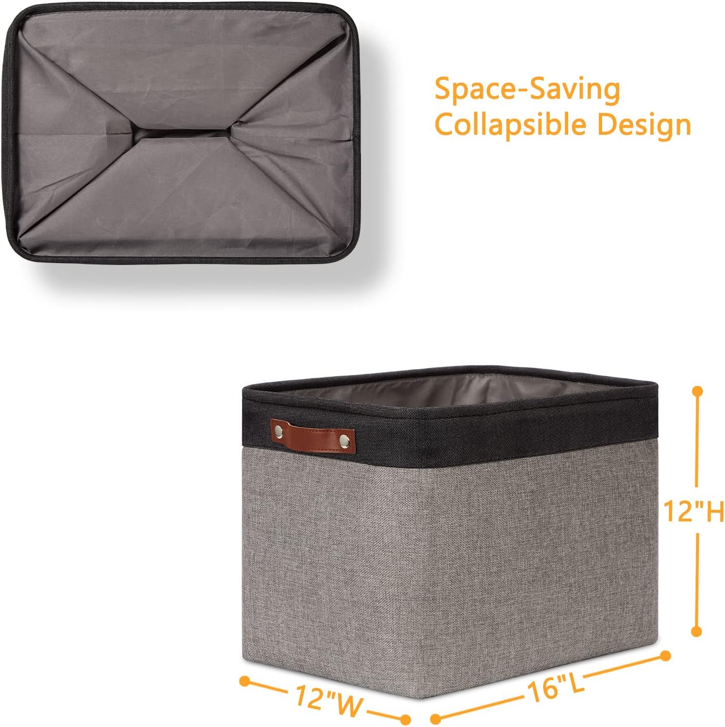 DULLEMELO Storage Bins 16"x12"x12" With Leather Handles for Organizing,Decorative Collapsible Storage Baskets for Shelves Closet Home Office (Black&Grey)