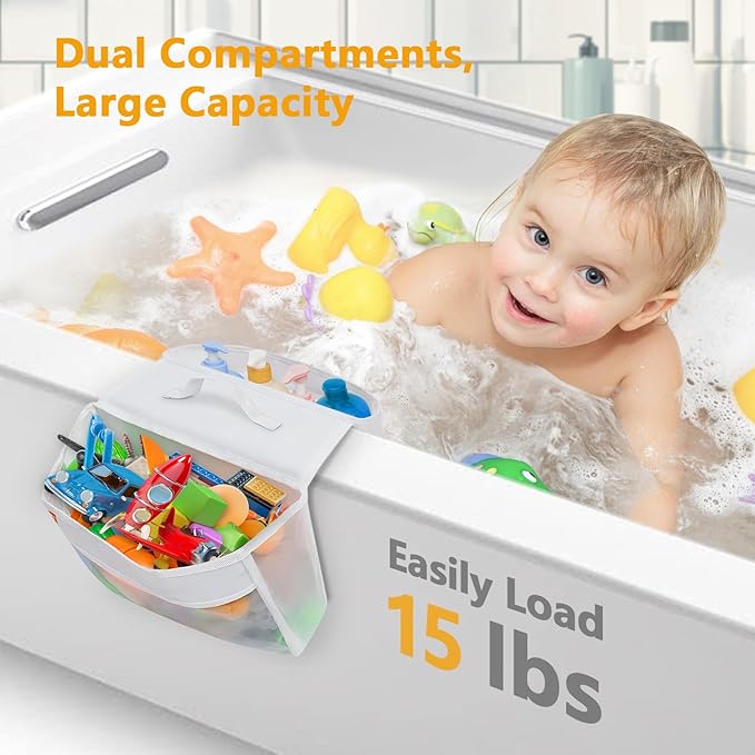 Bath Toy Organizer with 2 Pockets, Large Capacity Mesh Storage with Grip, Quick Dry, Perfect for Organizing Toys and Bath Essentials, Fits 6-Inch Tub Edges