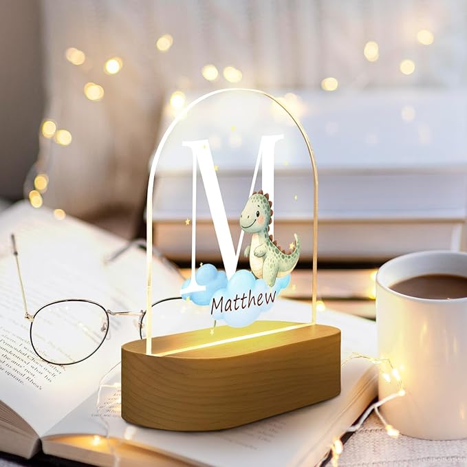 Custom Baby Gift Night Light for Baby Boys Girls Nursery Decor, Personalized Initial Name LED Night Light with Wooden Base, LED Color-Changing Lamp for Toddlers Kids