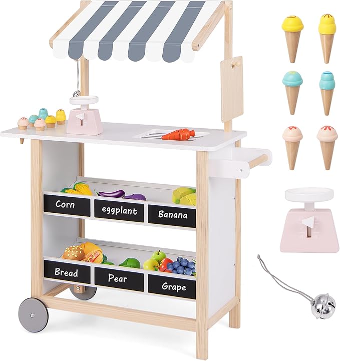 HONEY JOY Kids Ice Cream Cart, Wooden Grocery Store Playset w/6 Pieces Play Food, Realistic Bell & Food Scale, Chalkboard, Pretend Play Dessert Shop Counter Stand Truck, Gift for Boys Girls