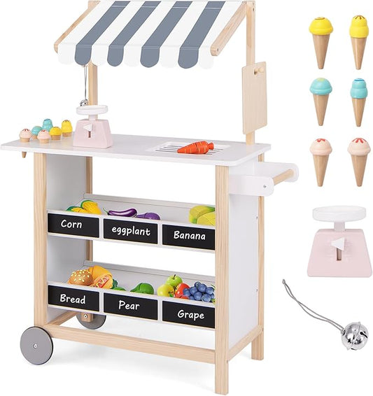 HONEY JOY Kids Ice Cream Cart, Wooden Grocery Store Playset w/6 Pieces Play Food, Realistic Bell & Food Scale, Chalkboard, Pretend Play Dessert Shop Counter Stand Truck, Gift for Boys Girls