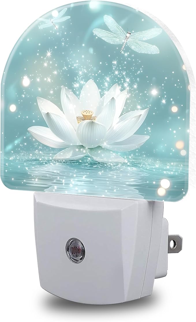 Night Lights Plug into Wall White Lotus and Dragonfly Night Light Dusk to Dawn Smart Sensor Decorative Round Led Lamp for Bedroom Kitchen Hallway Nightlight for Women Men