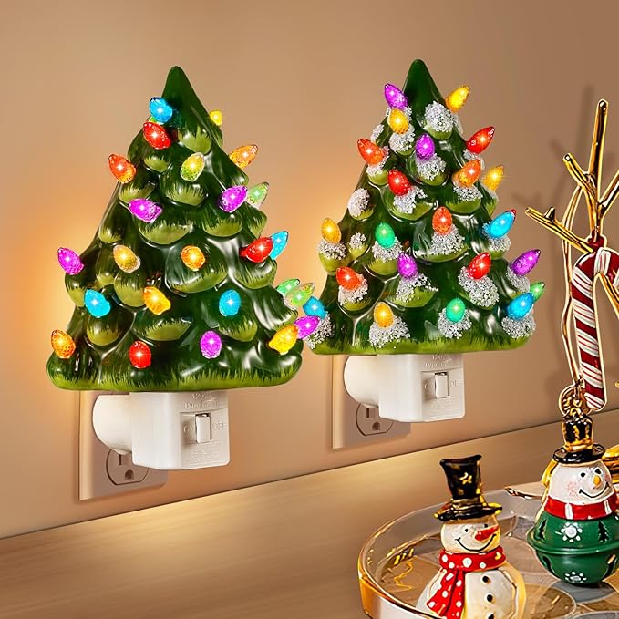 Tfro & Cile Ceramic Christmas Tree Night Light 2 Pack Xmas Decorative Tree Lamp Small Vintage Light Up Bathroom Decor with On/Off Switch for Home Bedroom