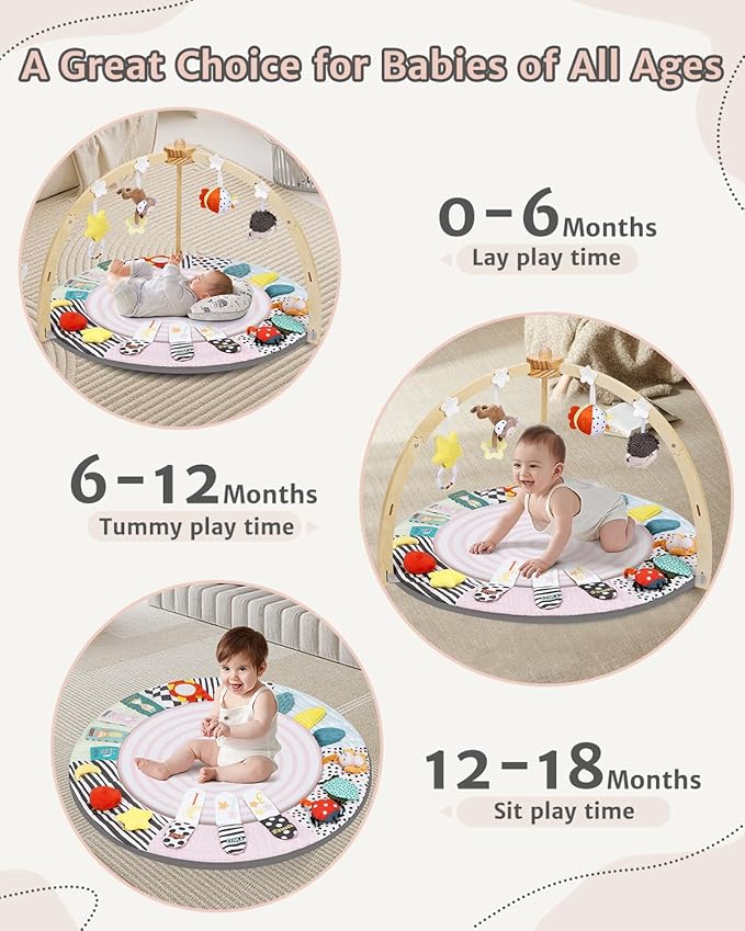 Baby Play Mat Activity Gym,6 Developmental Zones Tummy Time Mat, Wooden Baby Play Gym with 7 Detachable Sensory Toys for Newborn Brain Development, Essential Baby Shower Set, Pink