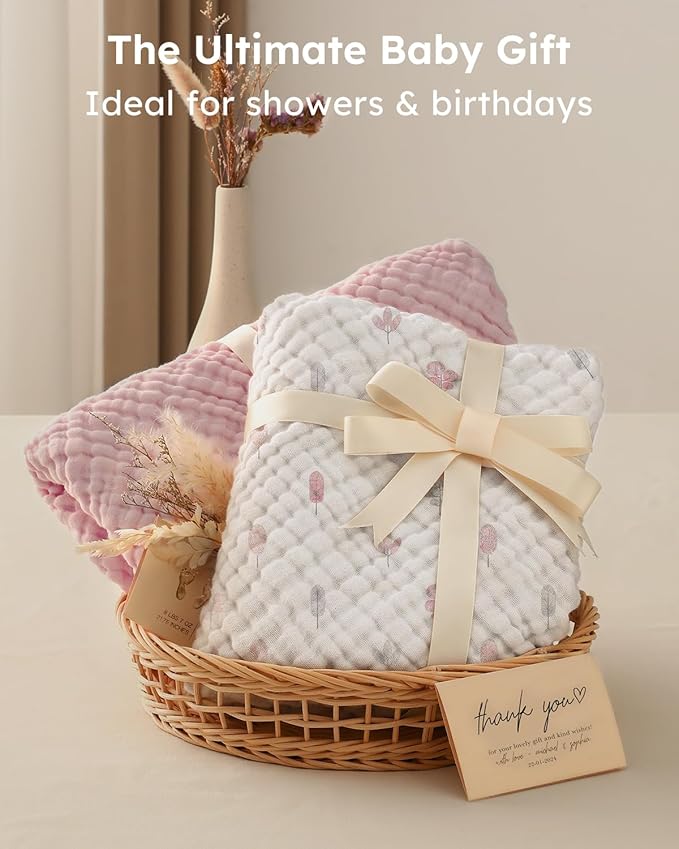 Yoofoss Hooded Baby Towels for Newborn 2 Pack 100% Muslin Organic Cotton Baby Bath Towel with Hood for Babies, Infant, Toddler and Kids,37.5“x37.5“, Soft and Absorbent Newborn Essential,Pink&WhiteLeaf