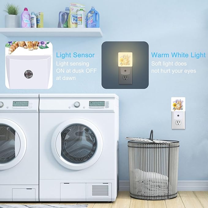 Cute Kitten and Lavender Flowers,Sunflower Butterflies Floral Plug in Night Light with Auto Dusk to Dawn Sensor,Warm Night Lights for Boys Girls Bedroom Bathroom Hallway Kids Room Gifts