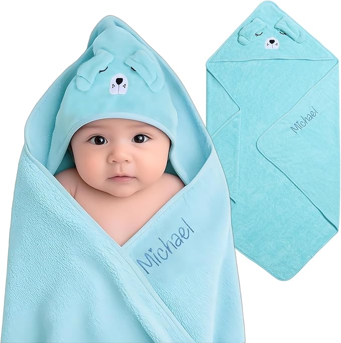 Personalized Baby Towels for Newborn Custom Embroidery Name Hooded Baby Bath Towels for Boy Girl Newborn Essentials Must Haves Shower Gift Soft Coral Velvet 30"x30" (Blue)