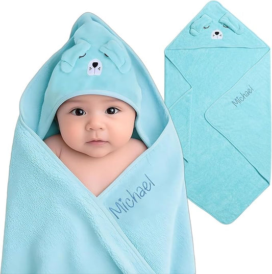 Personalized Baby Towels for Newborn Custom Embroidery Name Hooded Baby Bath Towels for Boy Girl Newborn Essentials Must Haves Shower Gift Soft Coral Velvet 30"x30" (Blue)