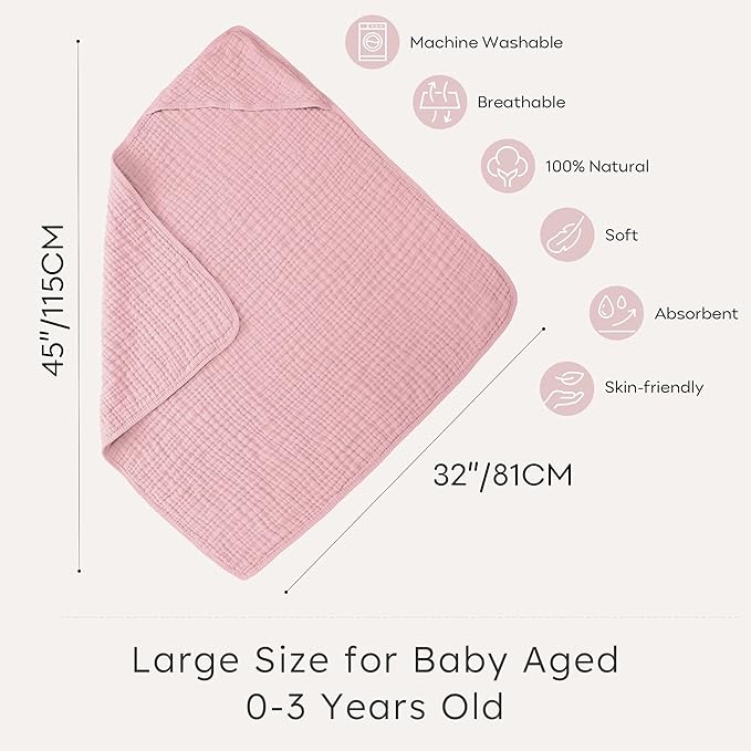 Looxii Baby Bath Towels 2 Pack Muslin Hooded Baby Towels for Newborn and Infants, 100% Cotton, Large 32x32Inch, Soft and Absorbent Pink+Flowers