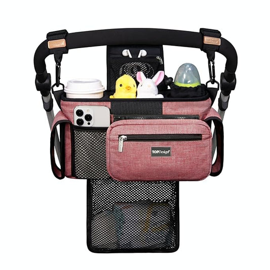 TOPDesign Universal Baby Stroller Organizer, Stroller Caddy with Detachable Mesh Bag & Heightened Insulated Cup Holders & Non-Slip Secure Hooks Accessories, Fits Most Strollers (Red)