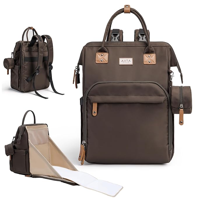 Diaper Bag Backpack, Multifunction Diaper Bag with Changing Station, Stylish Baby Bags, Large Unisex Diaper Backpack for Mom and Dad, Baby Registry Search, Portable Changing Pad – Black Brown