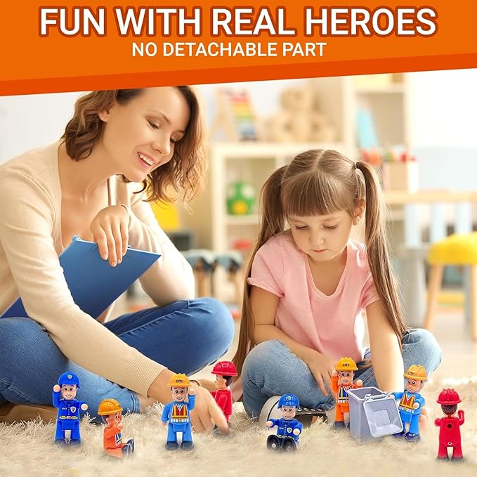 FUNERICA 8-Set Bendable Play People Figures for Kids - Firefighters, Police Officers, Construction Workers, Sanitation and Community Helpers Figurines