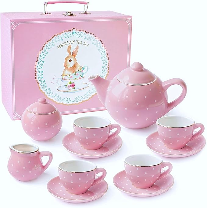 Jewelkeeper Tea Set for Little Girls - 14-Piece Porcelain Tea Party Set for Children Includes Teapot, Cups, Saucers, Creamer, and Sugar Bowl - Pink Polka Dot Design
