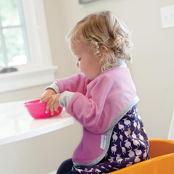 Kiddologic Bibit-all Baby Feeding Bib, Long Sleeves with Ribbed Cuffs and High Collar, Stretchy Pullover Smock, Soft Absorbent Terry, Waterproof Lining, Unisex Infant 6-12 Months, Fresh Lime (Green)