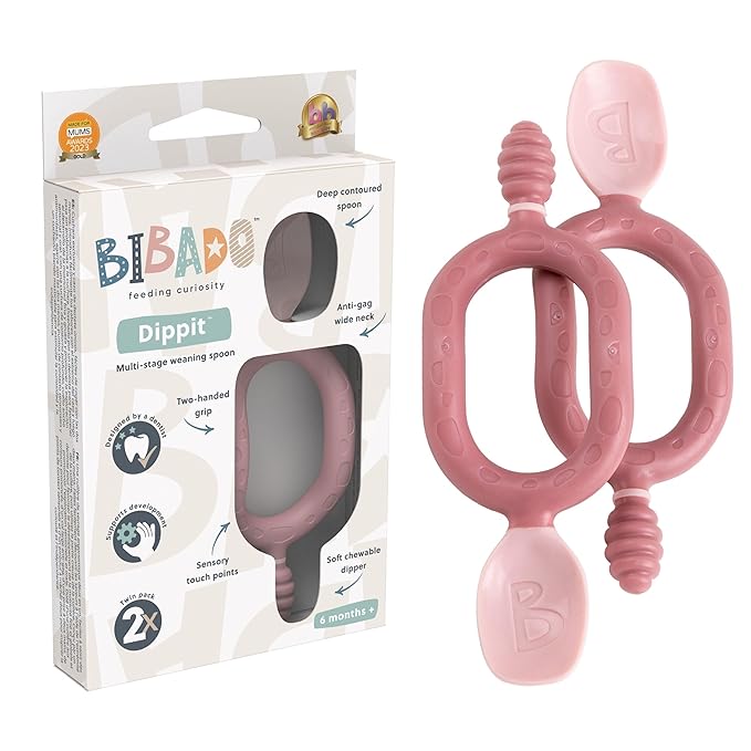 Bibado - Dippit Baby Spoon and Dipper, Blush (2-Pack) - Soft, Chewable Dipper & Deep Spoon - Two-Hand, Sensory Grip - Toddler Utensils - Baby Led Weaning Supplies - Baby Essentials - 6 Months+