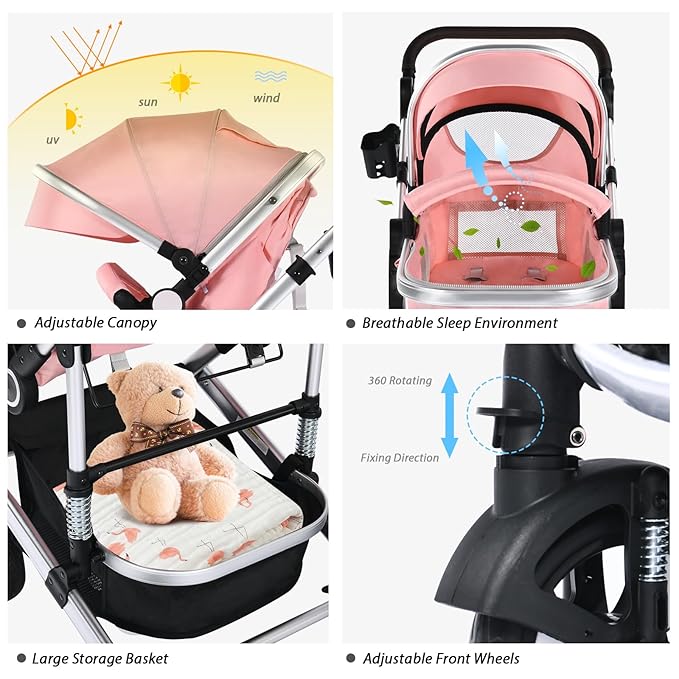 Kinder King 3 in 1 Reversible Baby Stroller w/Detachable Tray, Convert to Newborn Pram, Folding Infant Carriage for Toddler, Adjustable Canopy & Handle, Aluminum Alloy, Suspension Wheels