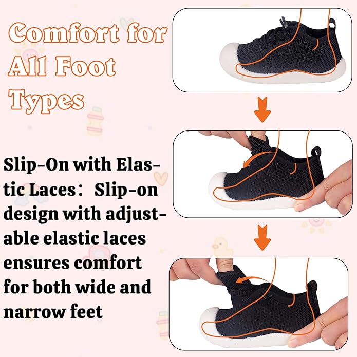 Baby Girl&Boy Toddler First Walking Shoes 6-12 Months Size 3 Black Barefoot Slip On Wide Toe Box Shoes Soft Footmates Casual Tennis Indoor Flexible Learning to Walk Rubber Sneakers