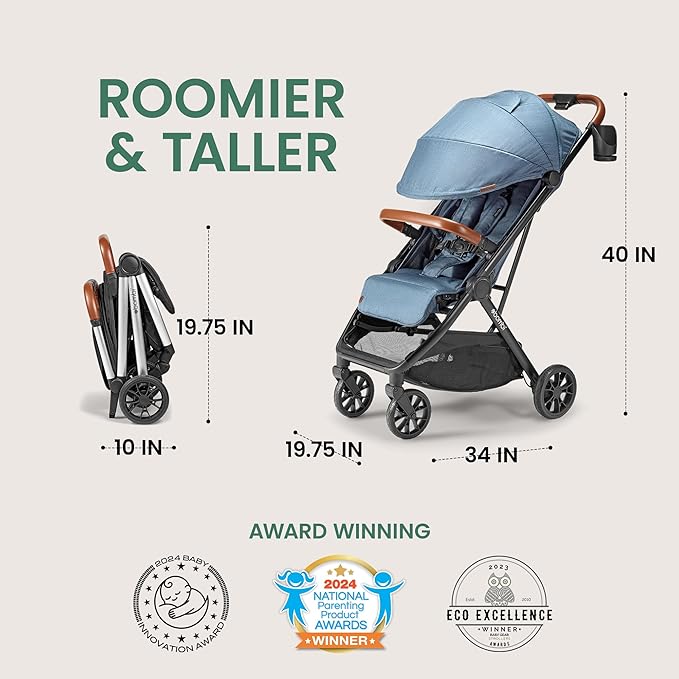 Bombi Bēbee V2 Lightweight Baby Stroller - Premium Vegan Leather, One-Hand Fold, Infinite Recline, Aircraft-Grade Aluminum Frame, XXL Canopy, and Ample Storage Umbrella Stroller - Storm Blue