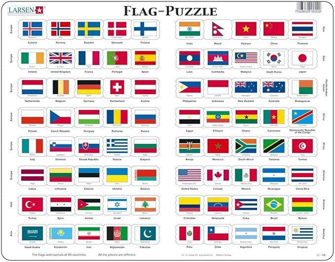 Larsen Puzzles Flags of The World 80 Piece Children's Educational Jigsaw Puzzle
