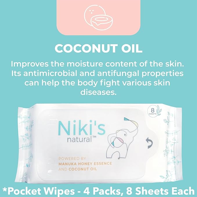 Niki's Natural Pocket Baby Wipes | Organic Baby Wipes Sensitive | Made with Manuka Honey and Coconut Oil, Unscented | EWG Verified | 32 Wipes (4 Pack x 8 Count Wipes)