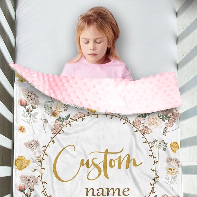Personalized Name Baby Blanket, Soft Flannel with Double Layer Dotted Backing, Receiving Swaddle Blanket Suitable for Infants and Toddler, Flowers Design
