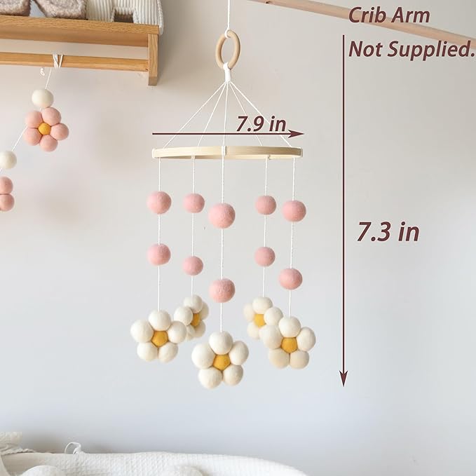 Daisy Mobile for Crib Boho Baby Crib Mobile for Girls Pink Felt Flower Baby Mobile for Crib