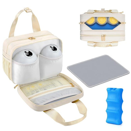 PIIOSER Breastmilk Cooler Bag with Ice Pack, Compatible with Wearable Breast Pumps & Accessories - Portable Pumps Carrying Case for Nursing & Working Moms, Cream
