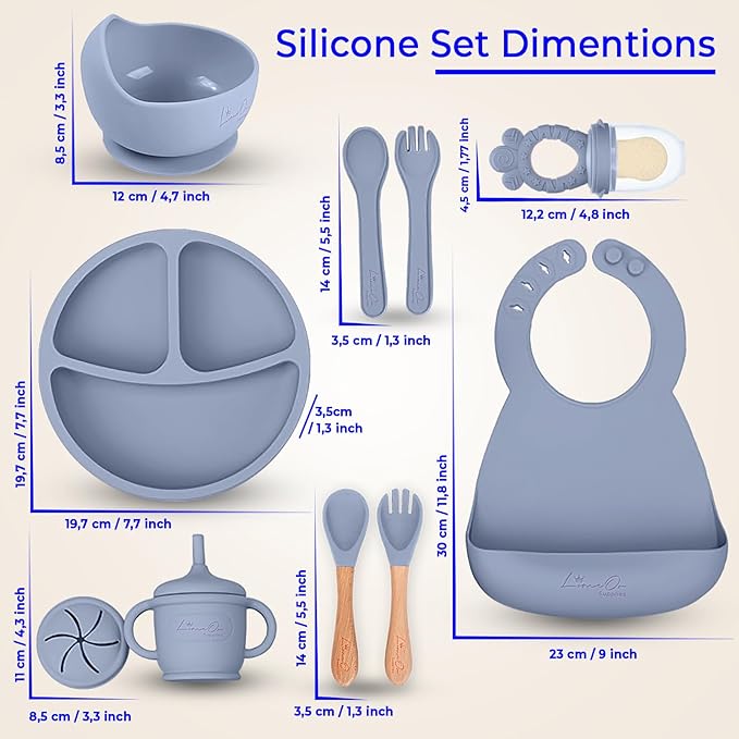 Silicone Baby Feeding Set – 10 Pcs Baby Led Weaning Supplies & Self Feeding Kit | BPA-Free Toddler Plates and Bowls Set, Bib, Fruit Feeder, Cup, Spoons & Forks – Empower Independence with LimeOr -Gray