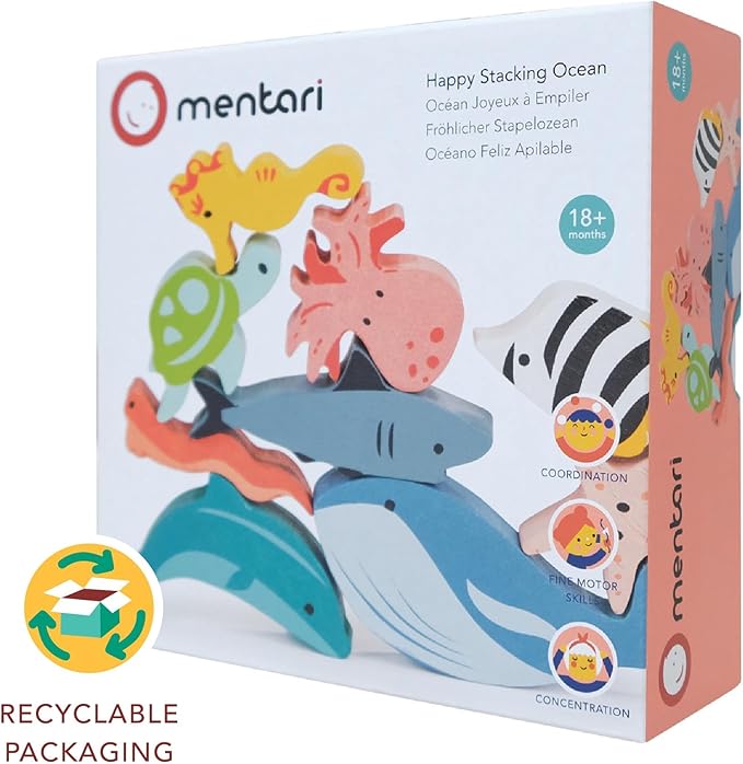 Mentari Toys - Happy Stacking Ocean - 9pc Wooden Stacking Toy for Toddlers - Colorful Sea Themed Balancing Activity Toy with Bag - Boost Fine Motor Skills and Dexterity - Educational Toy - Age 18m+