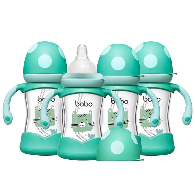 YOHKOH Natural Glass Baby Bottle with Natural Response Nipple, Wide Neck Baby Bottles with Handle, Newborn Anti-Colic Baby Bottles Gift Set, Clear (5.4oz (Pack of 4), Blue)